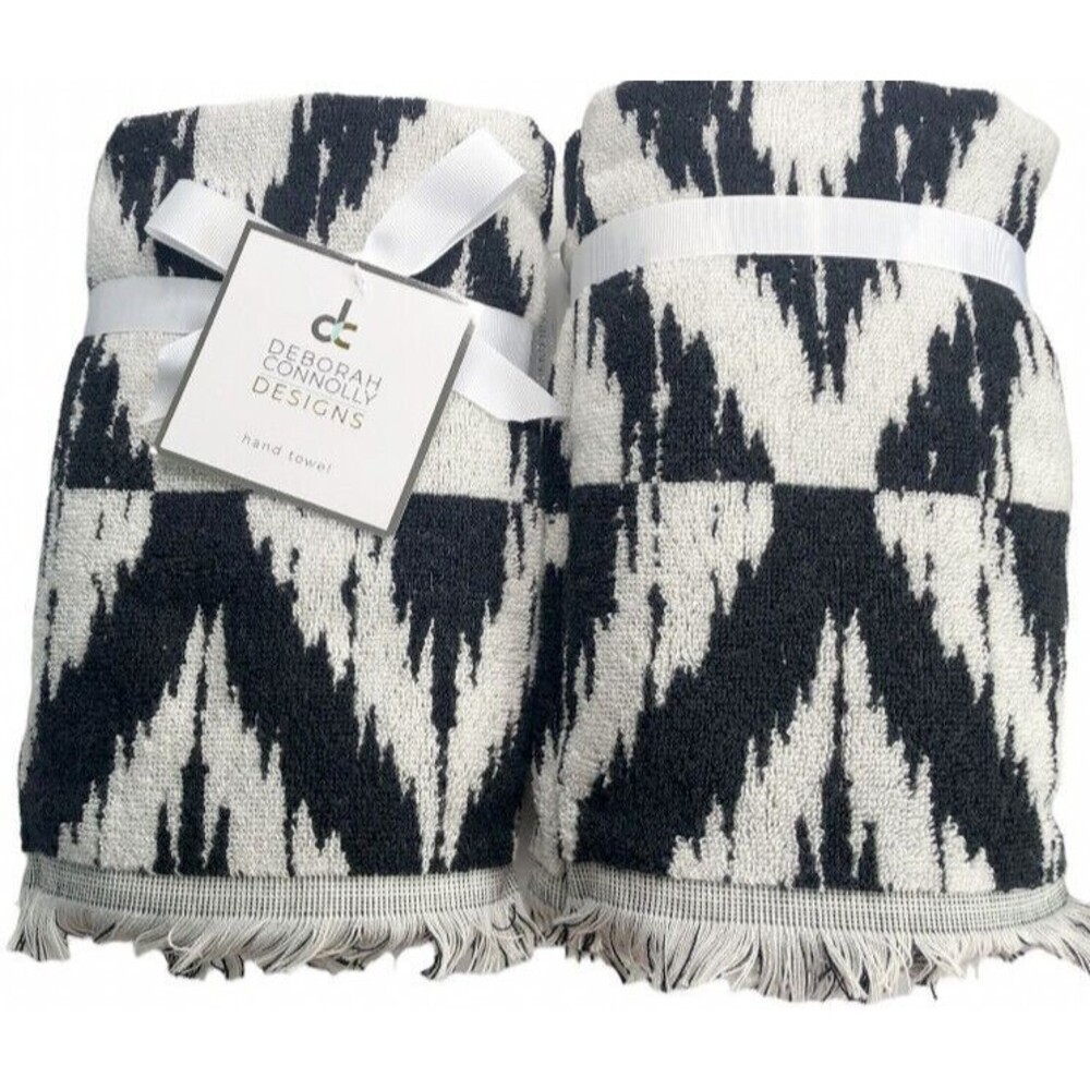 Deborah Connolly Hand Towels Bathroom Light Gray Black Fringe Abstract Set of 2